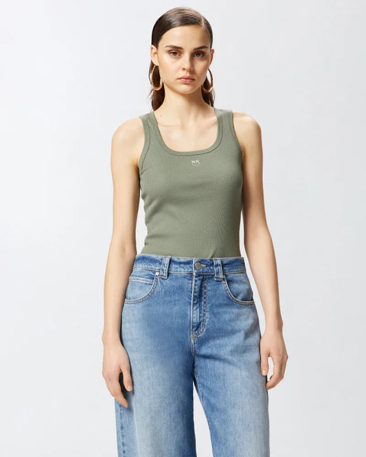 PINKO Top canottiera a costine con logo uccellini